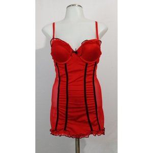 Red & Black Chemise Ruffle On Breasts & Bottom Skirt Open Hole In Back Sz M